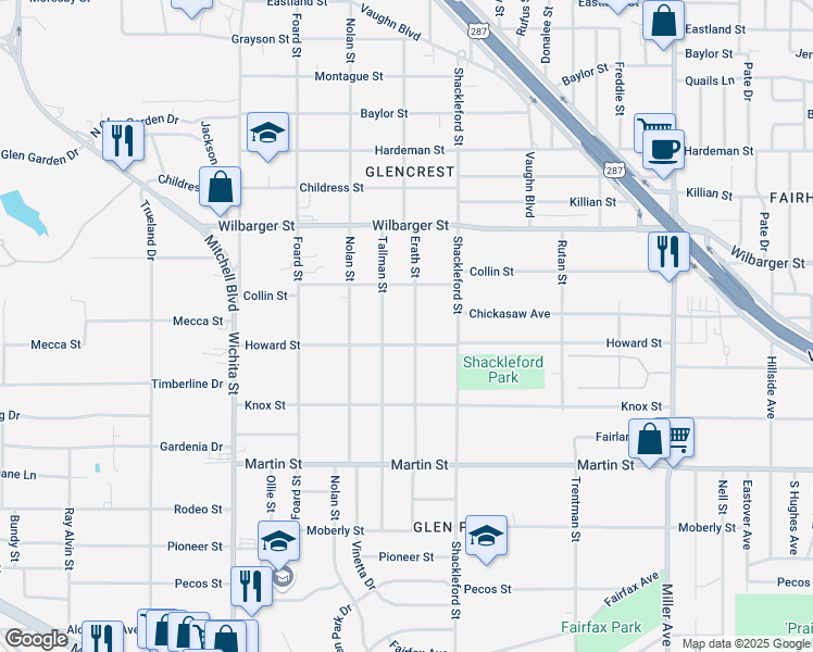 map of restaurants, bars, coffee shops, grocery stores, and more near 4512 Erath Street in Fort Worth