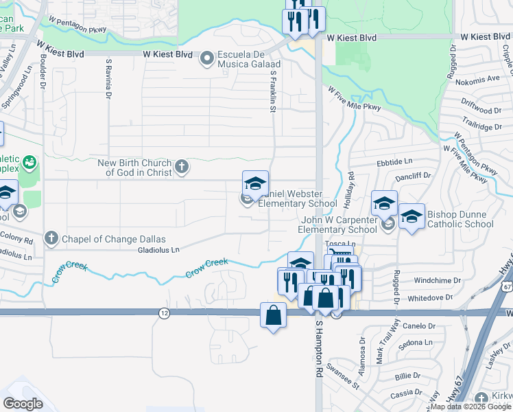 map of restaurants, bars, coffee shops, grocery stores, and more near 3815 South Franklin Street in Dallas