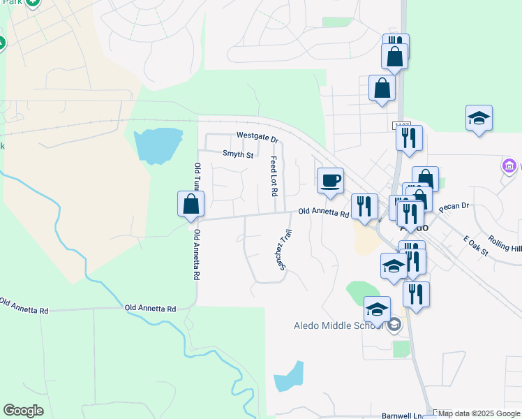 map of restaurants, bars, coffee shops, grocery stores, and more near 103 Feed Lot Road in Aledo