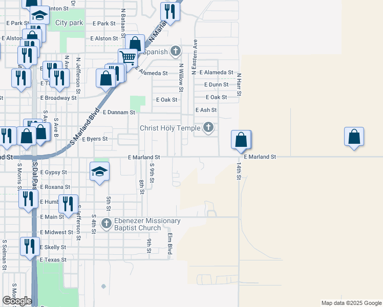 map of restaurants, bars, coffee shops, grocery stores, and more near 1702 East Marland Street in Hobbs