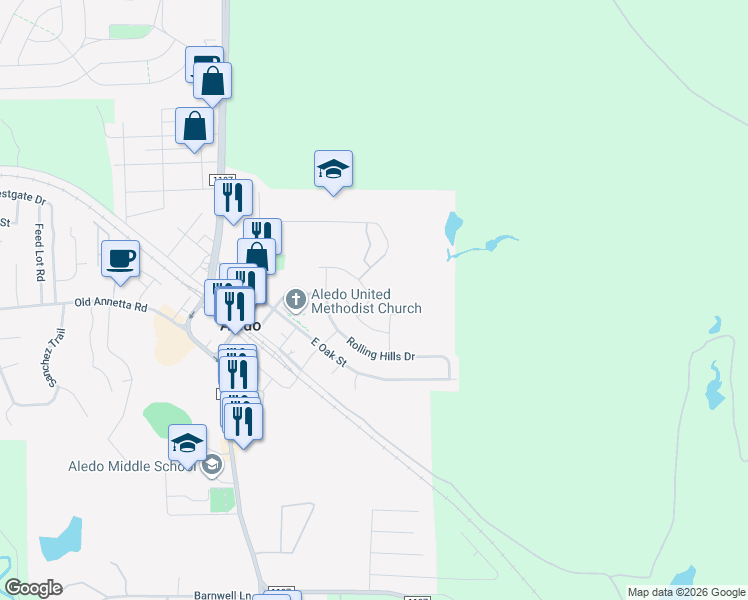 map of restaurants, bars, coffee shops, grocery stores, and more near 437 Hillside Drive in Aledo