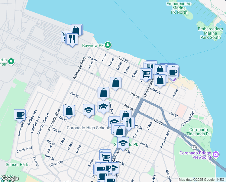 map of restaurants, bars, coffee shops, grocery stores, and more near 336 F Avenue in Coronado