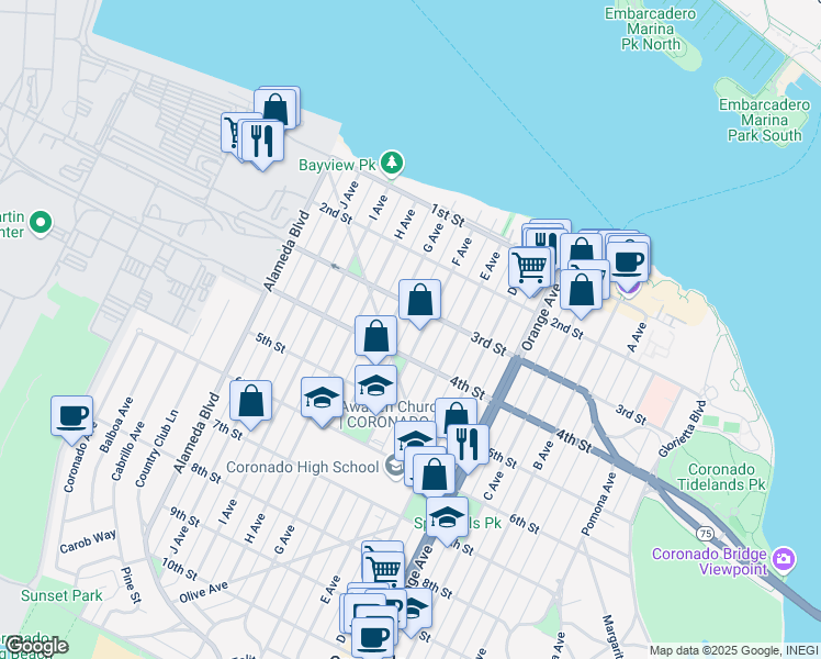 map of restaurants, bars, coffee shops, grocery stores, and more near 336 F Avenue in Coronado