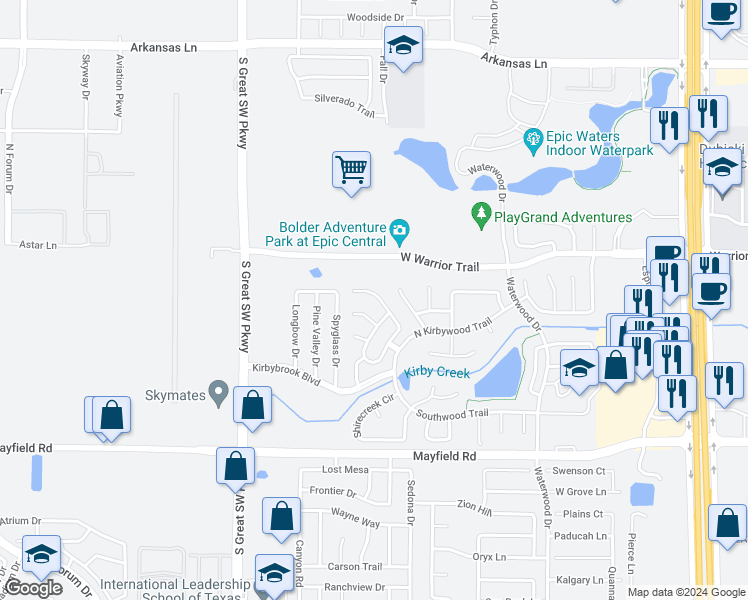 map of restaurants, bars, coffee shops, grocery stores, and more near 3029 Rustlewind Lane in Grand Prairie