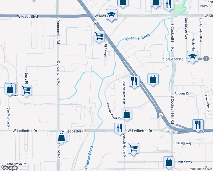 map of restaurants, bars, coffee shops, grocery stores, and more near 4667 Country Creek Drive in Dallas