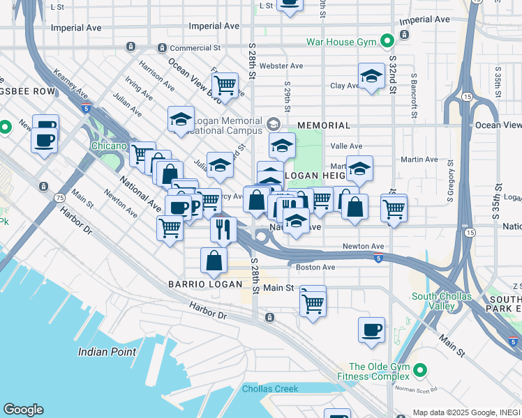 map of restaurants, bars, coffee shops, grocery stores, and more near 2815 Logan Avenue in San Diego