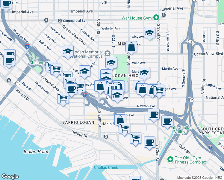 map of restaurants, bars, coffee shops, grocery stores, and more near 2883 Logan Avenue in San Diego