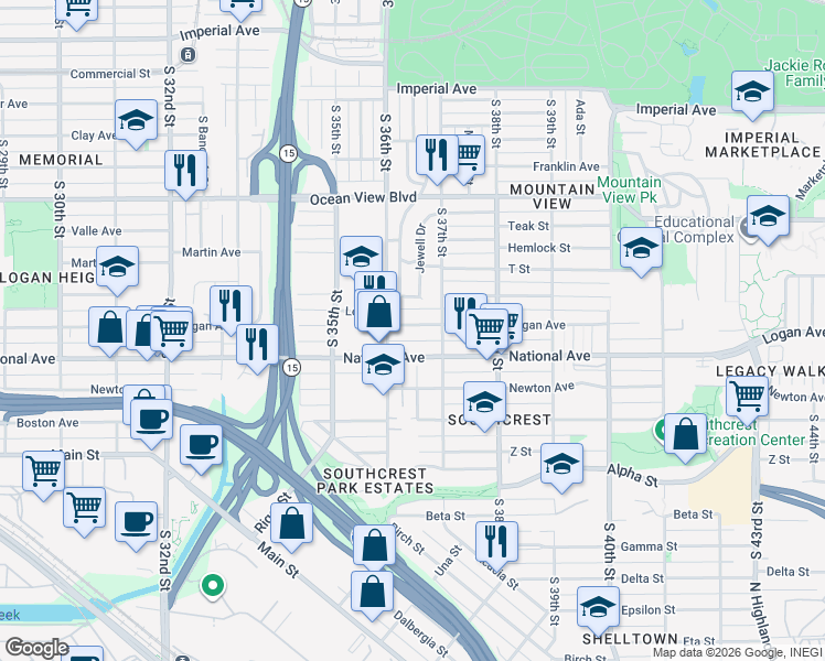 map of restaurants, bars, coffee shops, grocery stores, and more near 3661 Logan Avenue in San Diego