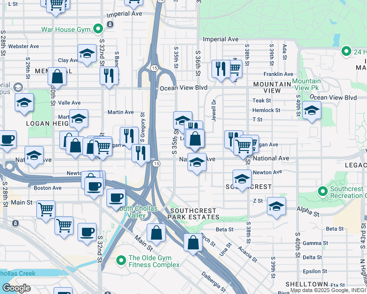 map of restaurants, bars, coffee shops, grocery stores, and more near 3522 National Avenue in San Diego