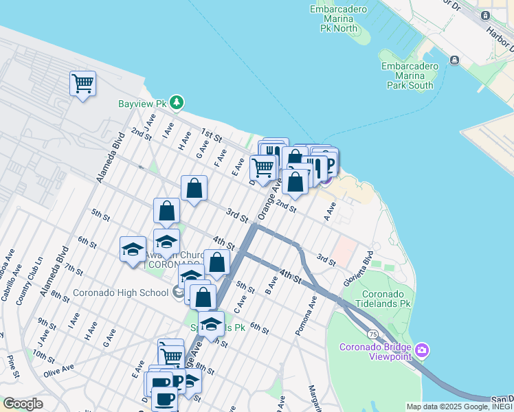 map of restaurants, bars, coffee shops, grocery stores, and more near 220 Orange Avenue in Coronado