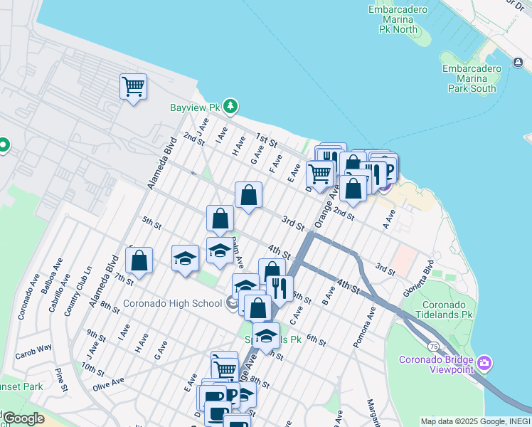 map of restaurants, bars, coffee shops, grocery stores, and more near 812 Third Street in Coronado