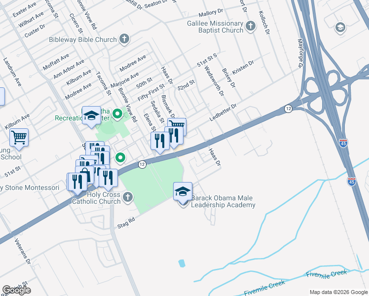 map of restaurants, bars, coffee shops, grocery stores, and more near South Great Trinity Forest Way in Dallas