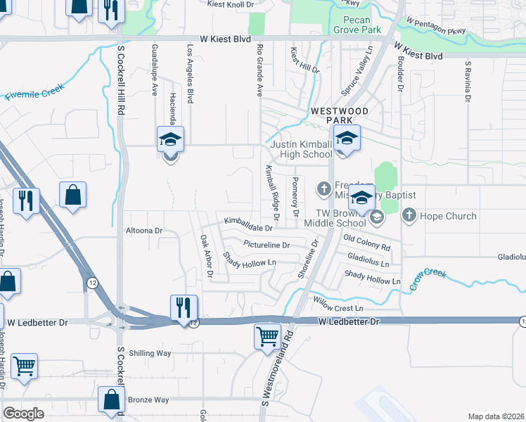 map of restaurants, bars, coffee shops, grocery stores, and more near 3805 Kimball Ridge Circle in Dallas
