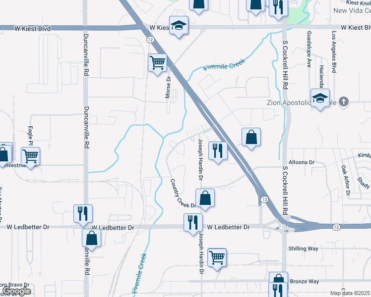 map of restaurants, bars, coffee shops, grocery stores, and more near 4634 Country Creek Drive in Dallas