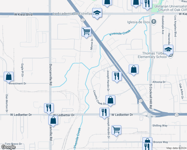 map of restaurants, bars, coffee shops, grocery stores, and more near 4667 Country Creek Drive in Dallas
