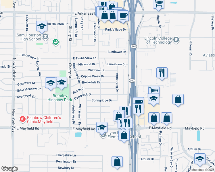 map of restaurants, bars, coffee shops, grocery stores, and more near 2410 Brookdale Drive in Arlington