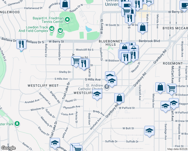 map of restaurants, bars, coffee shops, grocery stores, and more near 3608 Winston Road in Fort Worth