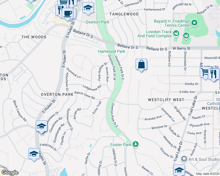 map of restaurants, bars, coffee shops, grocery stores, and more near 3508 Overton Park Drive West in Fort Worth