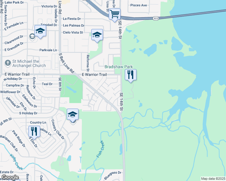 map of restaurants, bars, coffee shops, grocery stores, and more near 76 East Mountain Creek Drive in Grand Prairie