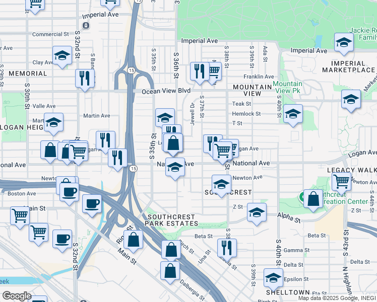 map of restaurants, bars, coffee shops, grocery stores, and more near 3643 Logan Avenue in San Diego