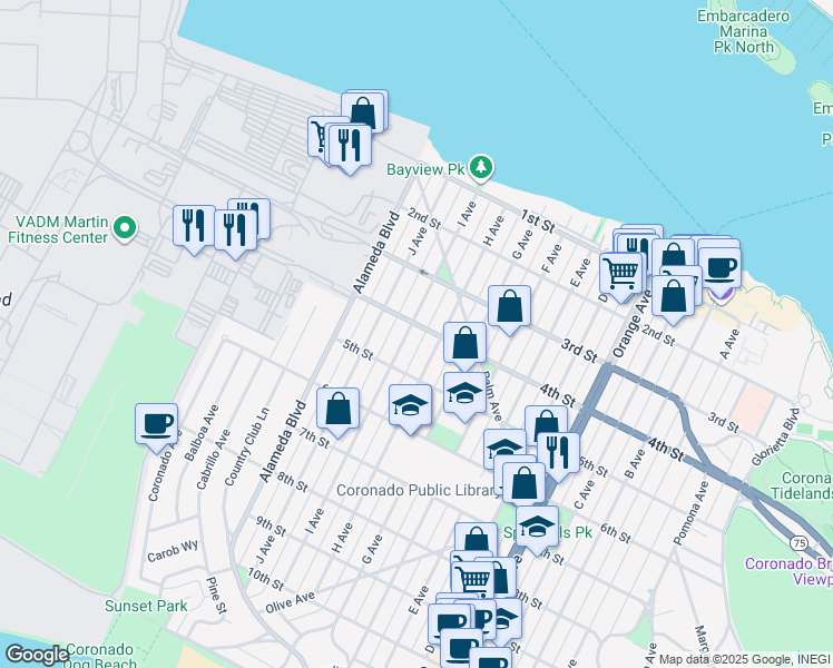 map of restaurants, bars, coffee shops, grocery stores, and more near 411 I Avenue in Coronado