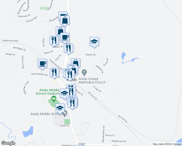 map of restaurants, bars, coffee shops, grocery stores, and more near 221 Rolling Hills Drive in Aledo