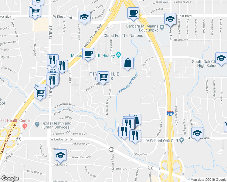 map of restaurants, bars, coffee shops, grocery stores, and more near 3832 Morning Springs Trail in Dallas