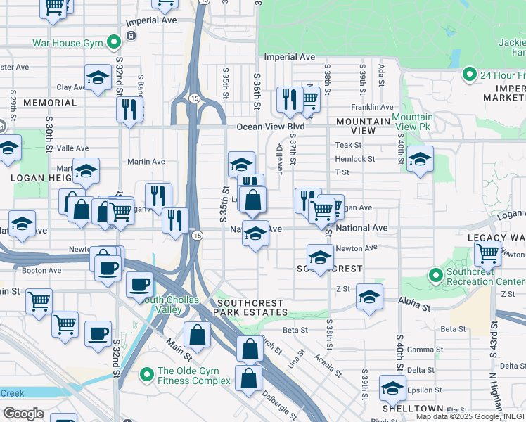 map of restaurants, bars, coffee shops, grocery stores, and more near 3607 Logan Avenue in San Diego