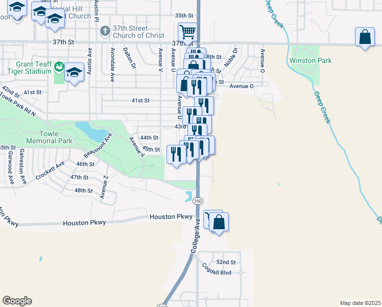 map of restaurants, bars, coffee shops, grocery stores, and more near 4503 College Avenue in Snyder