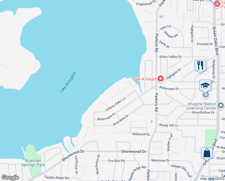 map of restaurants, bars, coffee shops, grocery stores, and more near 6209 Tiffany Park Court in Arlington