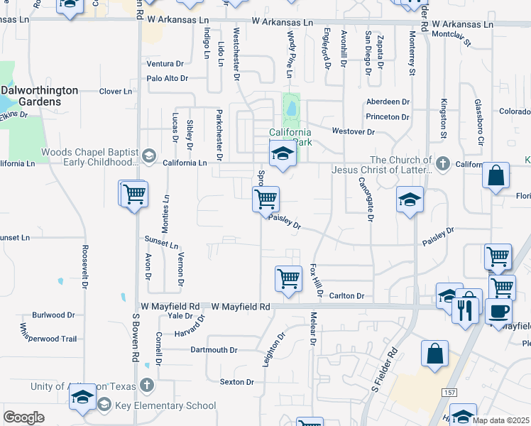 map of restaurants, bars, coffee shops, grocery stores, and more near 2019 Paisley Drive in Arlington
