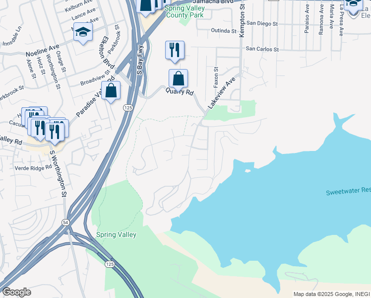 map of restaurants, bars, coffee shops, grocery stores, and more near 8931 Jana Court in Spring Valley