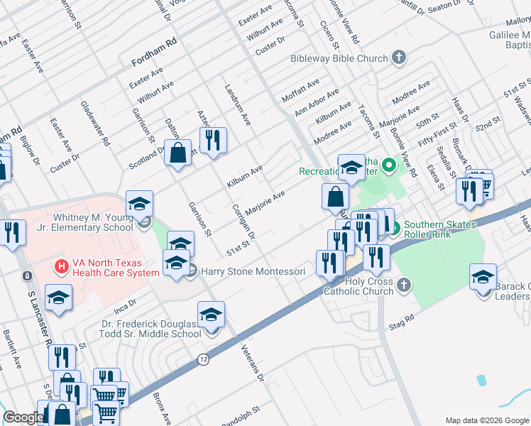map of restaurants, bars, coffee shops, grocery stores, and more near 2736 Marjorie Avenue in Dallas