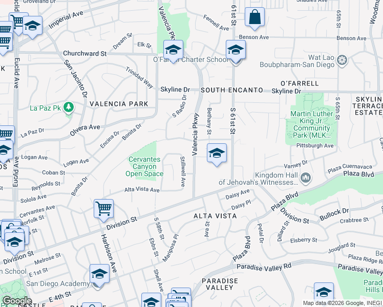 map of restaurants, bars, coffee shops, grocery stores, and more near 798 Valencia Parkway in San Diego