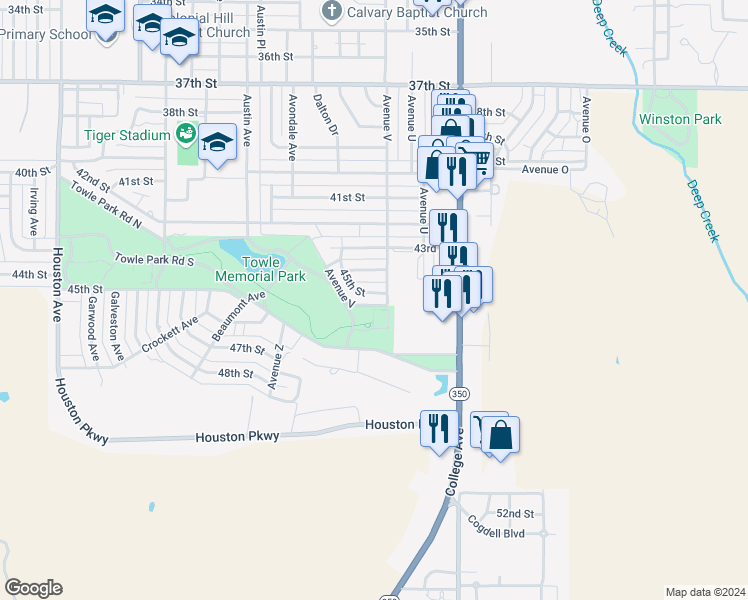 map of restaurants, bars, coffee shops, grocery stores, and more near 2202 45th Street in Snyder