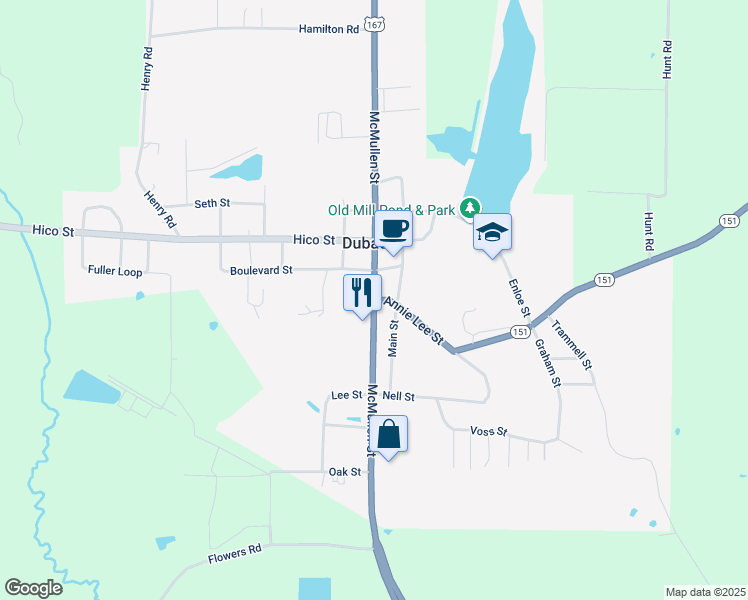 map of restaurants, bars, coffee shops, grocery stores, and more near 1843 McMullen Street in Dubach