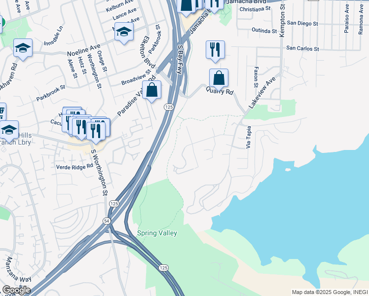 map of restaurants, bars, coffee shops, grocery stores, and more near Leigh Avenue & Spring Canyon Drive in Spring Valley