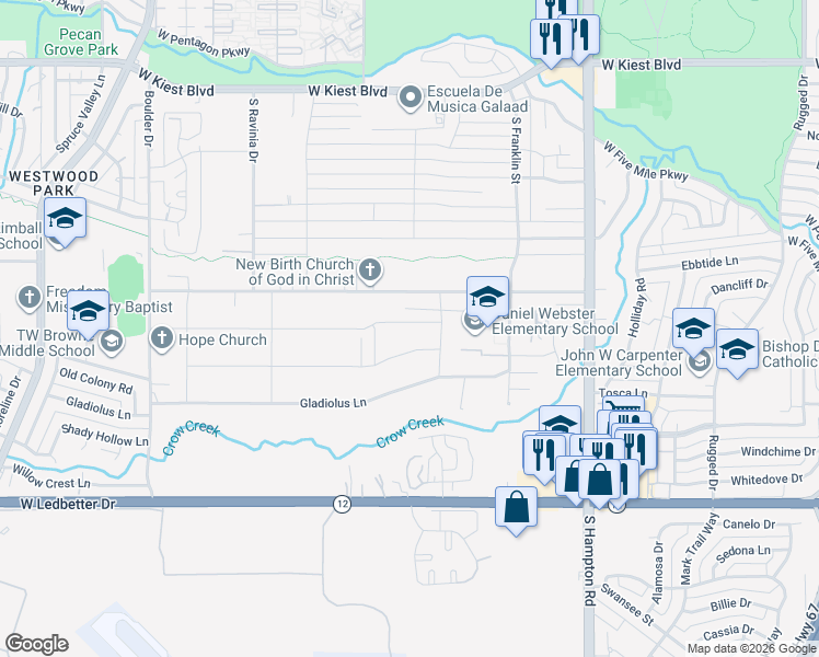 map of restaurants, bars, coffee shops, grocery stores, and more near 2730 Larkspur Lane in Dallas
