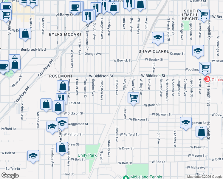 map of restaurants, bars, coffee shops, grocery stores, and more near 3545 Stanley Avenue in Fort Worth