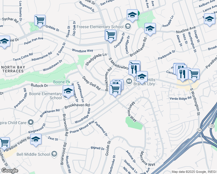 map of restaurants, bars, coffee shops, grocery stores, and more near 7687 Brookhaven Road in San Diego