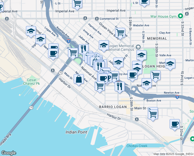 map of restaurants, bars, coffee shops, grocery stores, and more near 2232 National Avenue in San Diego