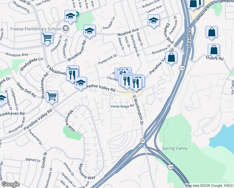 map of restaurants, bars, coffee shops, grocery stores, and more near 8308 Panorama Ridge Court in Spring Valley