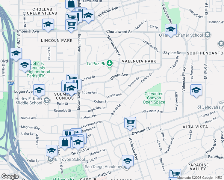 map of restaurants, bars, coffee shops, grocery stores, and more near 845 Gwen Street in San Diego