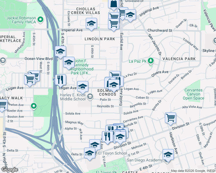 map of restaurants, bars, coffee shops, grocery stores, and more near 5025 Logan Avenue in San Diego