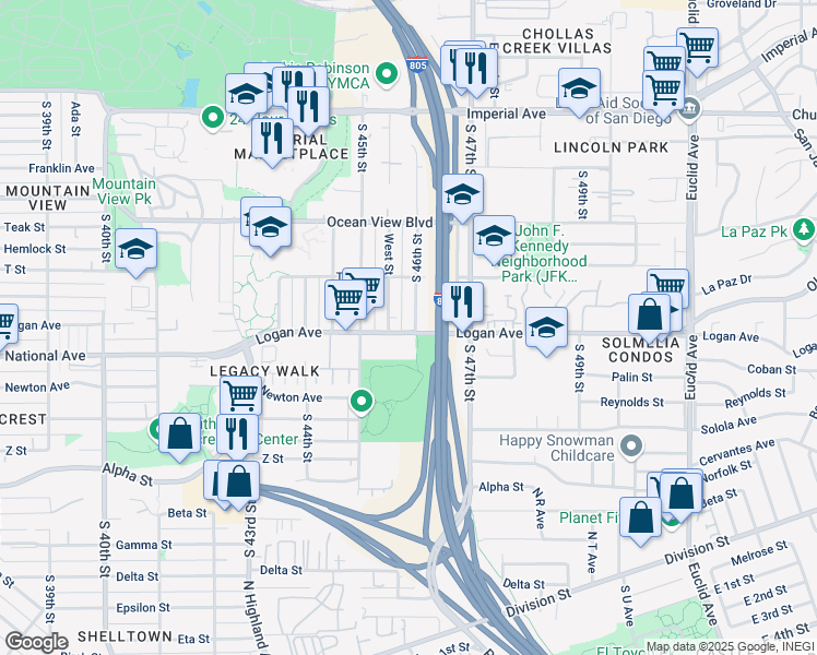 map of restaurants, bars, coffee shops, grocery stores, and more near 846 South 46th Street in San Diego