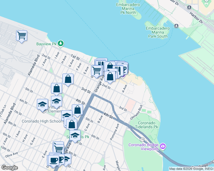 map of restaurants, bars, coffee shops, grocery stores, and more near 1116 2nd Street in Coronado