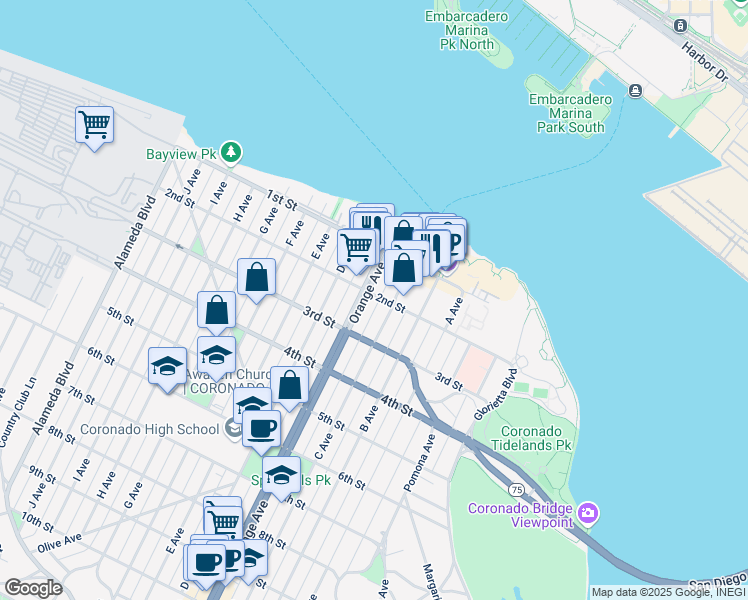 map of restaurants, bars, coffee shops, grocery stores, and more near 1116 2nd Street in Coronado