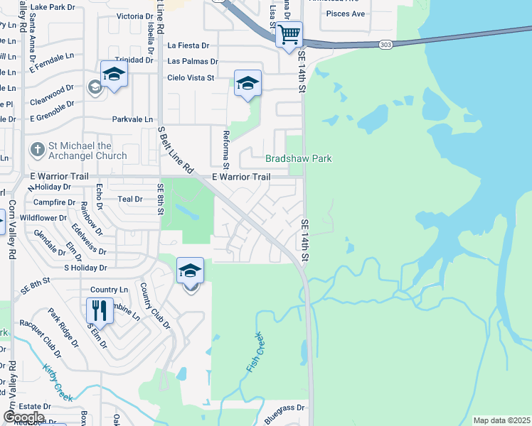 map of restaurants, bars, coffee shops, grocery stores, and more near 44e East Mountain Creek Drive in Grand Prairie
