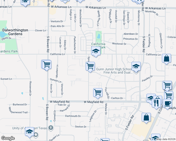 map of restaurants, bars, coffee shops, grocery stores, and more near 2019 Paisley Drive in Arlington