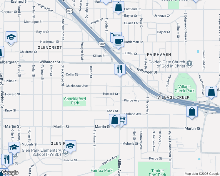 map of restaurants, bars, coffee shops, grocery stores, and more near 4100 Chickasaw Avenue in Fort Worth